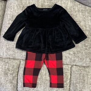 Jumping Beans Baby Bean Black Velvet Top and Red Buffalo Plaid Leggings Set
